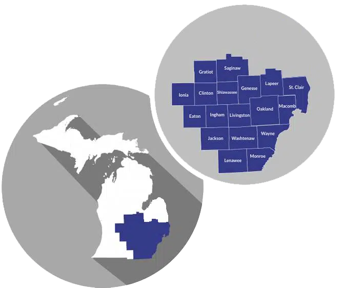 A map of Michigan with the southeast highlighted in blue